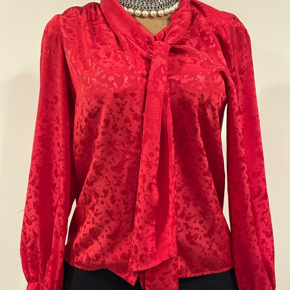 Therese Canty Crane New London Red Satin Vintage Tie In Front, Blouse Sz L